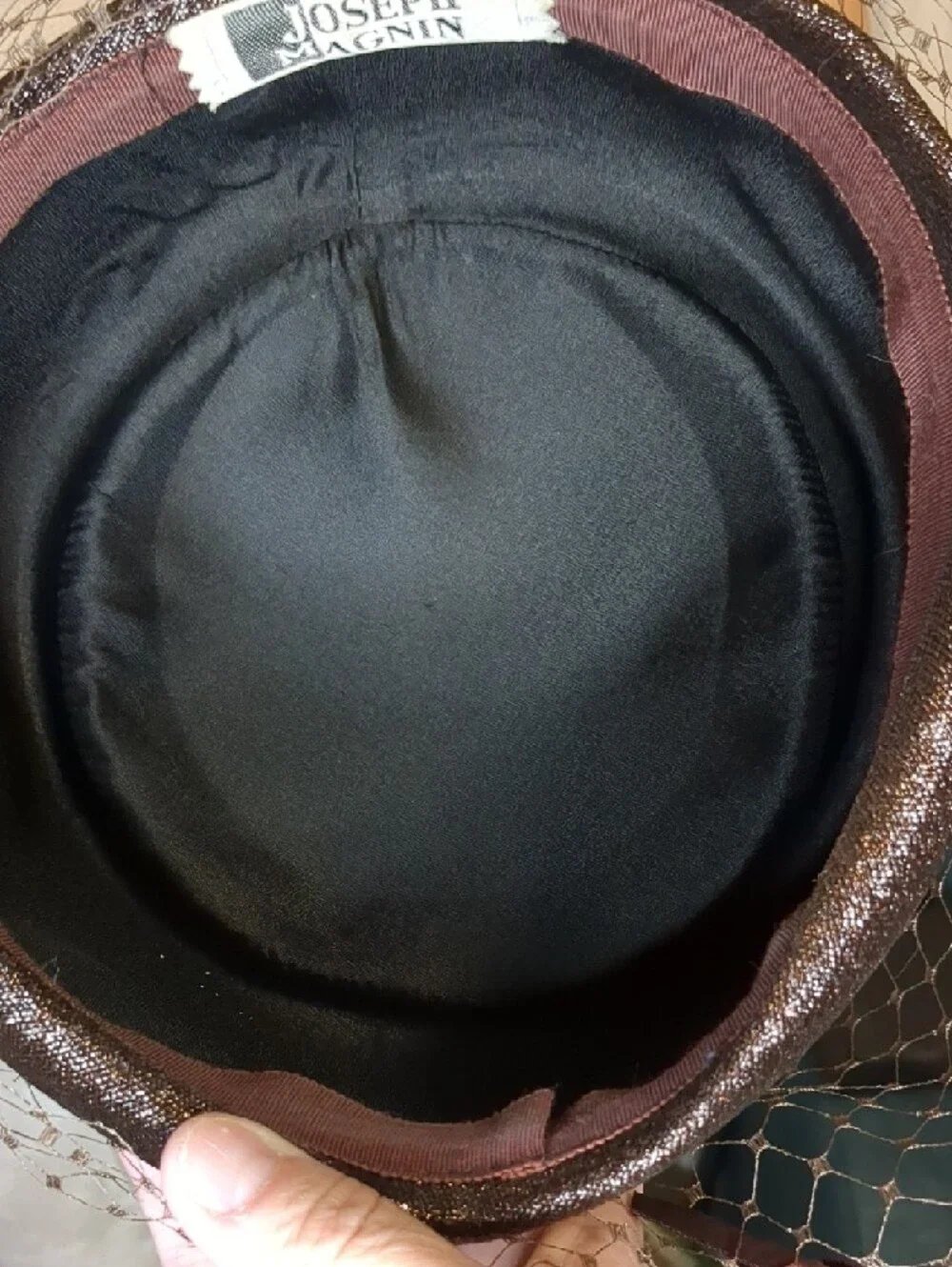 Vintage 50s Joseph Magnin Pillbox Hat Brown Netted W/ Bows Elegant Mid Century